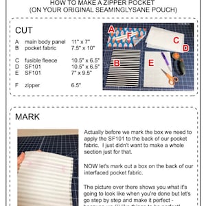 Pode incluir: Um guia passo a passo sobre como fazer um bolso com z&iacute;per para uma bolsa. A imagem mostra os materiais necess&aacute;rios, incluindo tecido, fleece fus&iacute;vel e um z&iacute;per. As instru&ccedil;&otilde;es incluem marcar um quadrado na parte de tr&aacute;s do tecido do bolso interligado.