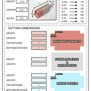 Pode incluir: Um diagrama que mostra as dimens&otilde;es de corte para um estojo de l&aacute;pis. O diagrama inclui medidas para a altura, o comprimento e a largura do estojo, bem como as dimens&otilde;es para os pain&eacute;is principais do corpo, os pain&eacute;is de forro e o z&iacute;per. O diagrama tamb&eacute;m inclui uma tabela que mostra os equivalentes decimais das fra&ccedil;&otilde;es de polegada.