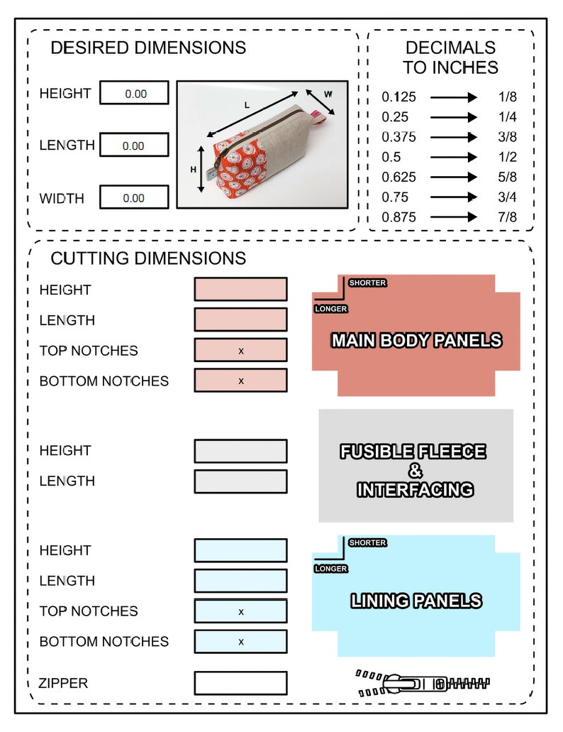 Pode incluir: Um diagrama que mostra as dimens&otilde;es de corte para um estojo de l&aacute;pis. O diagrama inclui medidas para a altura, o comprimento e a largura do estojo, bem como as dimens&otilde;es para os pain&eacute;is principais do corpo, os pain&eacute;is de forro e o z&iacute;per. O diagrama tamb&eacute;m inclui uma tabela que mostra os equivalentes decimais das fra&ccedil;&otilde;es de polegada.
