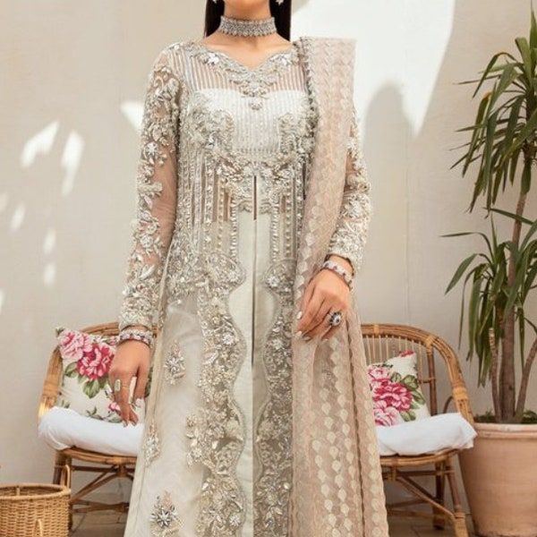 Women ethnic  net Mayium Hussian designer outfit Maxiwedding outfitPunjabi Pakistani culture stitch on order