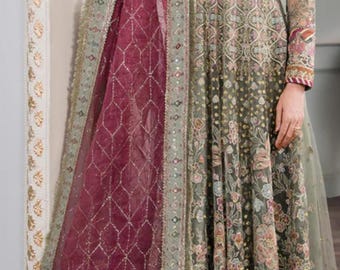 Pakistani wedding dress salwar kameez net embroidery outfit long maxi made on custom order