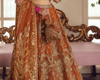 Pakistani wedding dress salwar kameez orange colored net embroidery outfit lengha choli made on custom order