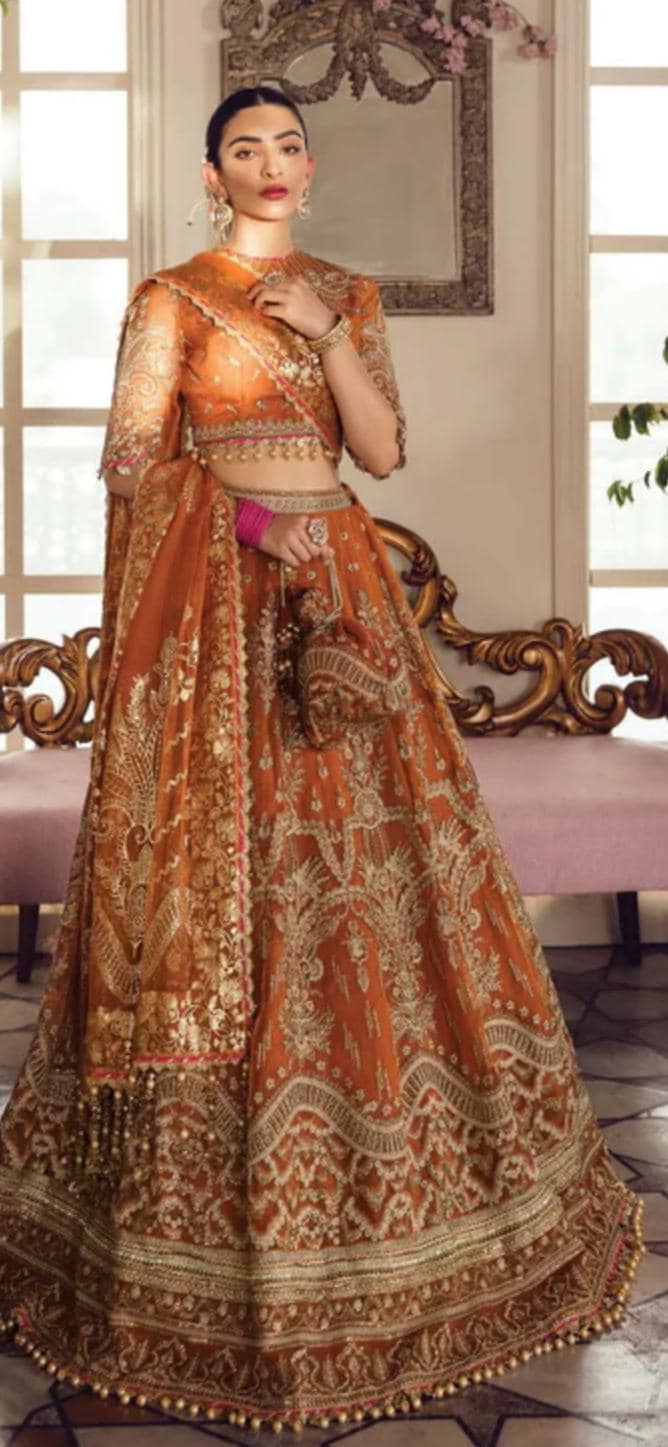 Orange Pakistani Wedding Dress: Embroidered Net Lengha Choli