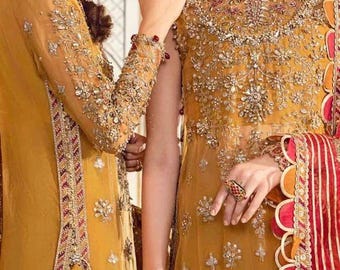 Embroidered Organzanet Pakistani Wedding Dress: Custom long kurti with plazzo