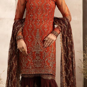 Pakistani salwar kameez chiffon embroidery kurti gharrara dupputta outfit made on custom order