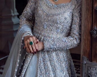 パキスタン民族衣装　Luxury ドレス　刺繍 Anarkali サーモンピンク パキスタン民族衣装 Luxury 総糸刺繍 ローンクルタ3セット