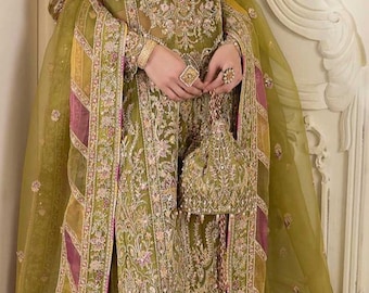 Embroidered Organzanet Pakistani Wedding Dress: Custom long kurti with plazzo