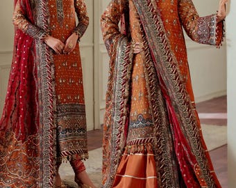 Embroidered Pakistani Wedding Dress: Chiffon Gharara Salwar Kameez