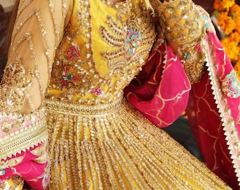 Embroidered Pakistani Wedding Maxi Dress: Yellow Mehndi Outfit