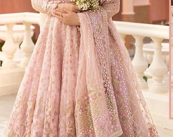 Embroidered Pakistani Wedding Maxi Dress:  dull peech partywear maxi