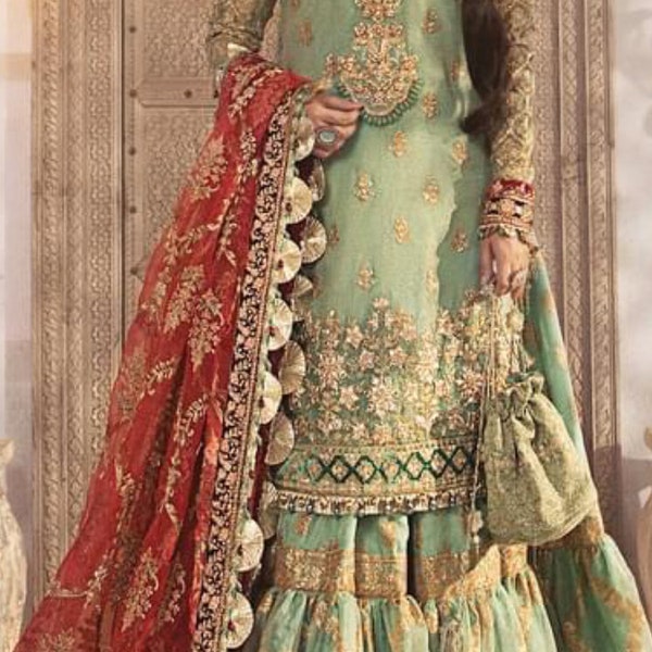 Pakistani salwar kameez organza embroidery gharara kurti outfit made on custom order