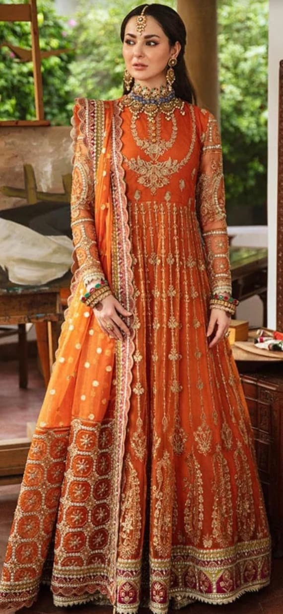 Pakistani wedding dress salwar kameez net embroidery outfit long maxi made on custom order