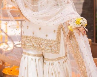 Pakistani Wedding Dress: Embroidered Net Chiffon Gharara Outfit