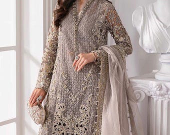 Pakistani indian wedding partywear net embroidery idusty gray long shirt stylish  made on custom order