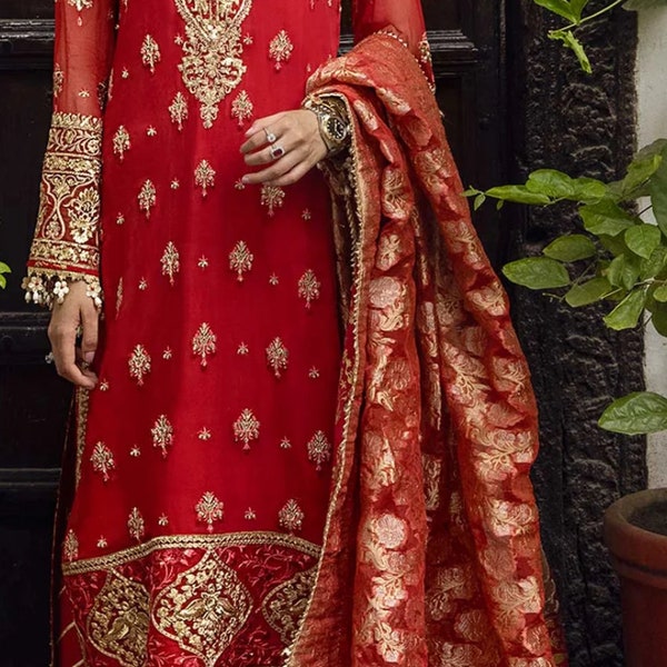 Pakistani designer chiffon jacquard embroidery ethnic stylish party wear made on custom order.