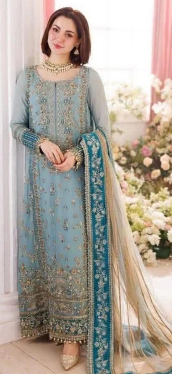 Pakistani Wedding Dress: Embroidered Net Salwar Kameez, Custom Order