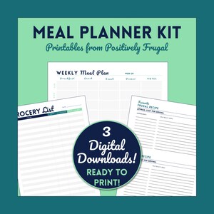 Meal Planner Kit Digital Download, Meal Plan Calendar, Grocery List, Recipe Card, Meal Tracker, Food Organizer Printable