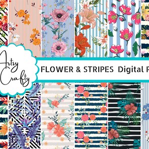 Flowers and Stripes Digital Paper, Scrapbooking Digital Paper Pack, Collage Sheets - Digital Scrapbooking, Commercial Use - INSTANT DOWNLOAD