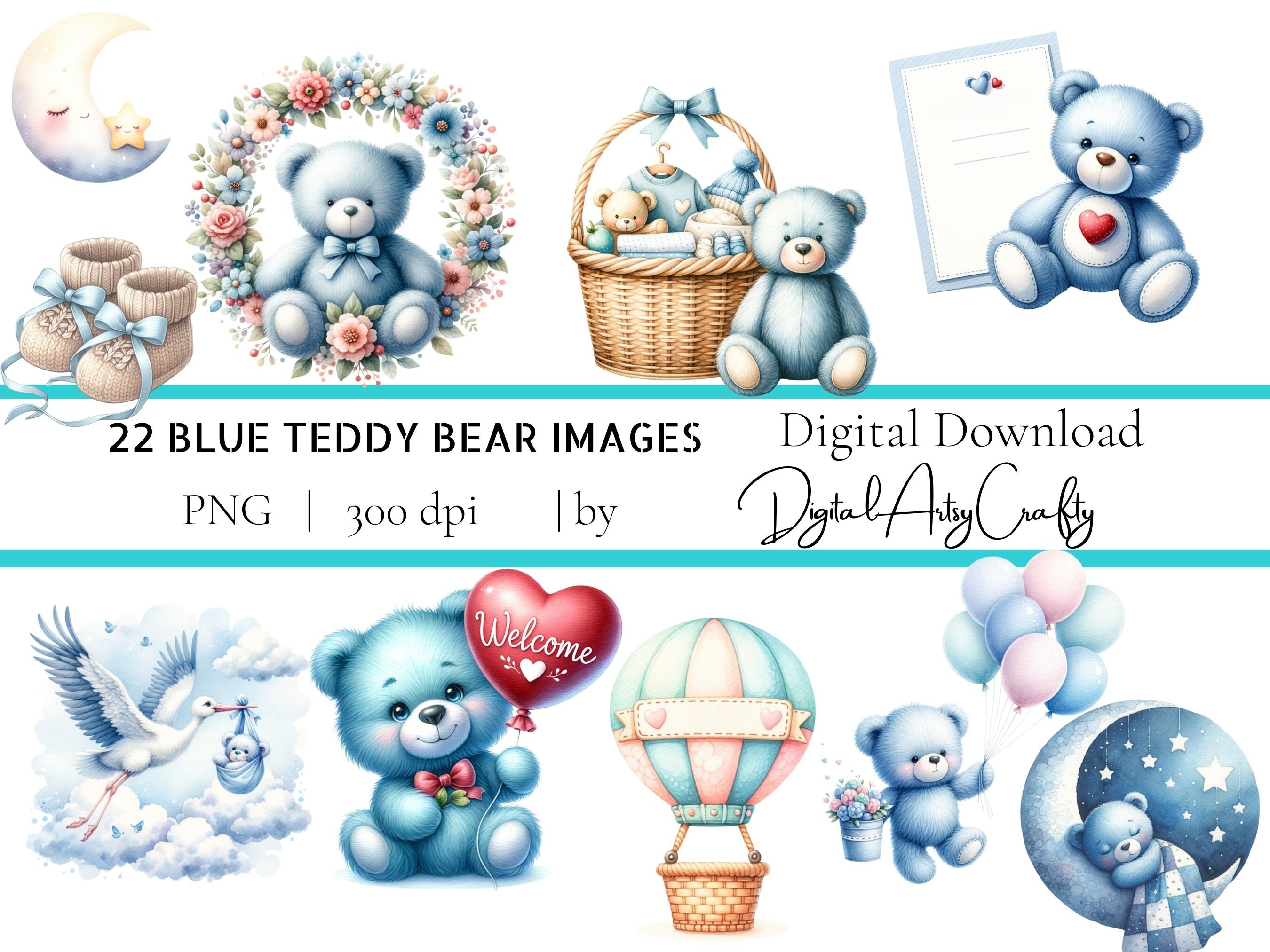 22 Watercolor Blue Teddy Bear Baby Shower Clipart PNG Sublimation ...