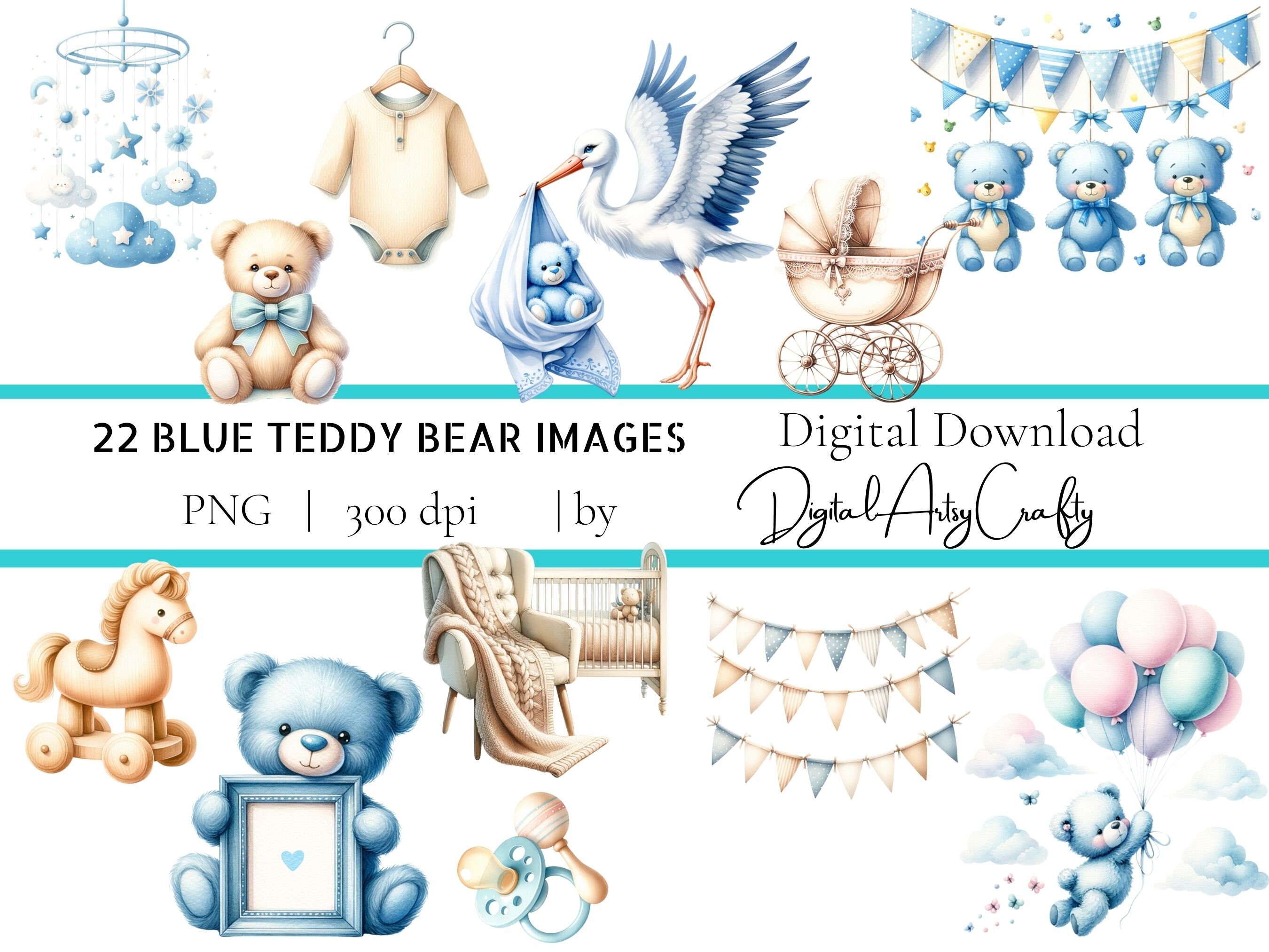 22 Watercolor Blue Teddy Bear Baby Shower Clipart PNG Sublimation ...