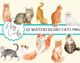 May include: Watercolor illustrations of various cat breeds in different poses. The image includes cats in shades of orange, gray, white, and calico. Text on the image reads "Artsy Crafty" and "32 WATERCOLORS CATS PNG". The cats are set against a cream background.