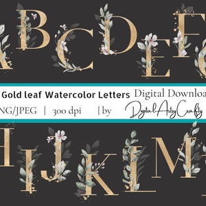 Gouden aquarel clipart / brieven, Hand getrokken aquarel bladeren, formaat Png/Jpeg - DIGITALE DOWNLOAD