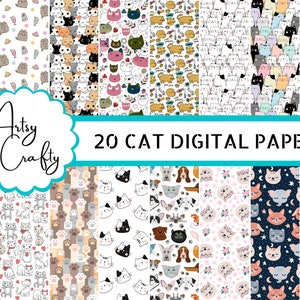 May include: A set of 20 digital papers featuring cute cat illustrations. The papers include various patterns with cats, paw prints, and other designs. The papers are perfect for scrapbooking, card making, and other craft projects.