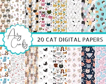May include: A set of 20 digital papers featuring cute cat illustrations. The papers include various patterns with cats, paw prints, and other designs. The papers are perfect for scrapbooking, card making, and other craft projects.