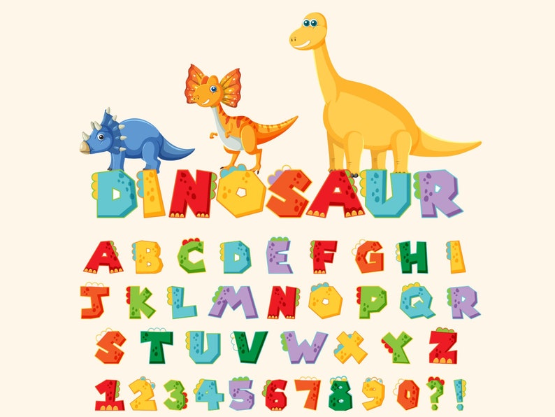 Alphabet With Dinosaur Cartoon Characters A to Z Letters Set Digital
