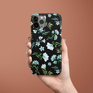 Floral Black Blue Flower Custom Phone Case, Women iPhone 14 13 12 Pro Max Mini Slim Snap Case, Cute iPhone 11 X XS Max XR Tough Full Cover