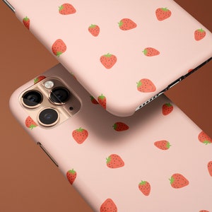 Pink Smiling Strawberry Pattern Custom iPhone 14 13 12 Pro Max Mini Case for Women, Cute Aesthetic iPhone 11 XR X XS Max Snap Tough Cover