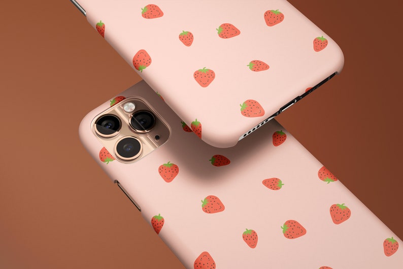Pink Smiling Strawberry Pattern Custom iPhone 14 13 12 Pro Max Mini Case for Women, Cute Aesthetic iPhone 11 XR X XS Max Snap Tough Cover 