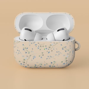 Blue Flowers Leaves Custom AirPods Pro Case, Women Cute Floral AirPods 1 / 2 / 3 Protective Hard Cover, Minimalist Apple EarPods Holder Case