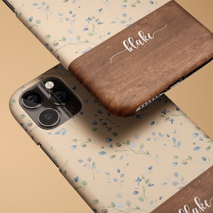 Wood and Blue Flowers Custom iPhone 13 12 Pro Max Mini Tough Case for Women, Personalized Cute Floral iPhone 11 XR X XS Max Slim Snap Cover