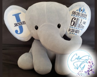 Geburt Ankündigung Elefant, Geschenk für Baby, Baby Andenken mit Geburt Stats, personalisierte Elefant, Elefant Stofftier