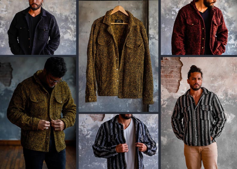 May include: Collection of textured button-down shirts in various colors. Includes a black, olive green, and burgundy jacket, and a striped shirt. One shirt is displayed on a wooden hanger. The shirts have a casual, rugged style.
