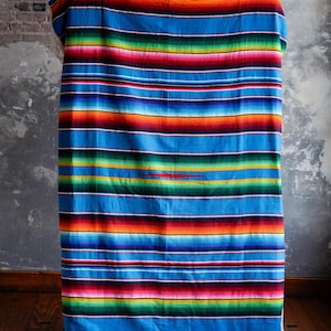 May include: A vibrant, striped blanket in shades of blue, orange, red, green, and yellow. The blanket is folded and displayed against a textured gray wall and wooden floor. The colorful design is a classic Mexican serape style.