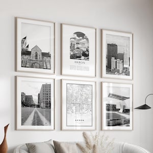 Arte mural de la galería Akron: conjunto de 6 fotografías en blanco y negro de Akron, carteles de Akron, impresiones de Akron, Ohio