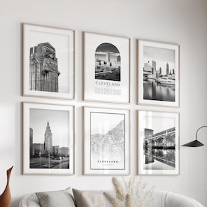 Cleveland Gallery Wall Art - set van 6, Cleveland zwart-witfoto, Cleveland posters, Cleveland Prints, Ohio
