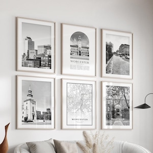 Arte mural de la galería de Worcester - Juego de 6, fotografía en blanco y negro de Worcester, pósteres de Worcester, grabados de Worcester, Massachusetts