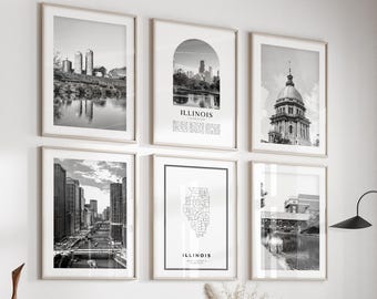 Illinois Gallery Wall Art - Set van 6, Illinois zwart-wit foto, Illinois Posters, Illinois Prints, Verenigde Staten