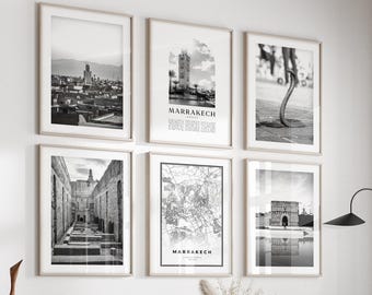 Marrakech Gallery Wall Art - set van 6, Marrakech zwart-witfoto, Marrakech posters, Marrakech prenten, Marokko