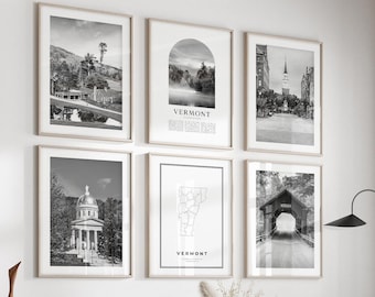 Vermont Gallery Wall Art - 6er Set, Vermont Schwarz Weiß Foto, Vermont Poster, Vermont Prints, USA