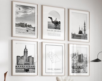 Saudiarabien väggkonst - Set med 6, Saudiarabien svartvita foton, Saudiarabien posters, Saudiarabien tryck, Asien