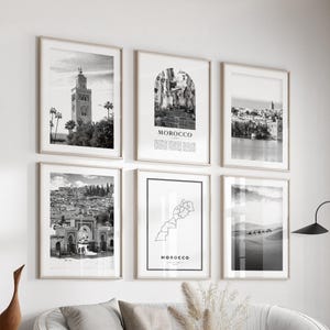 Conjunto de 6 quadros com fotos em preto e branco do Marrocos, pôsteres e gravuras da África.