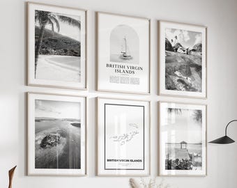 Conjunto de 6 pôsteres para parede com fotos em preto e branco das Ilhas Virgens Britânicas, incluindo imagens do Caribe.