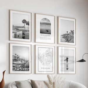 Arte mural de la galería Oceanside - Juego de 6, fotografía en blanco y negro de Oceanside, pósteres de Oceanside, impresiones de Oceanside, California