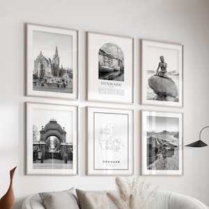 Denmark Gallery Wall Art - 6er-Set, Dänemark Schwarzweißfoto, Dänemark Poster, Dänemark Prints, Europa