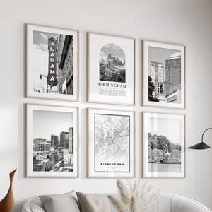 Arte mural de la galería de Birmingham: conjunto de 6 fotografías en blanco y negro de Birmingham, carteles de Birmingham, impresiones de Birmingham, Alabama