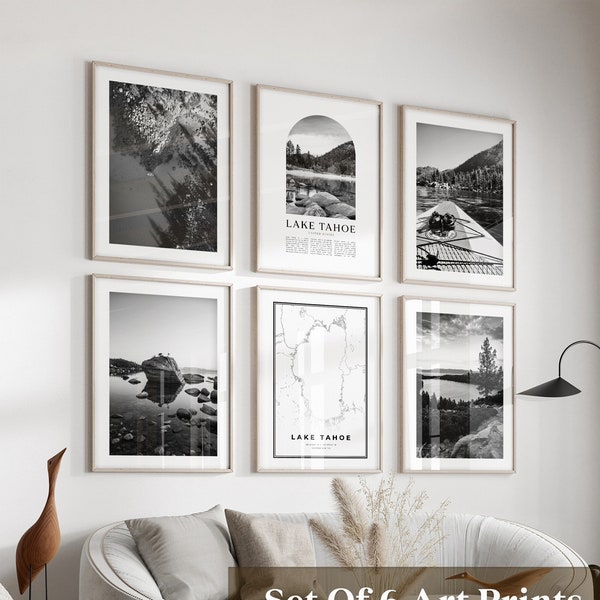 Art mural de la galerie Lake Tahoe - Lot de 6, photo noir et blanc Lake Tahoe, affiches Lake Tahoe, estampes Lake Tahoe, États-Unis